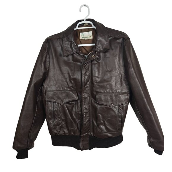 Vintage Gino Leathers Brown Genuine Leather Bomber Flight Jacket Men's 46T USA - Picture 1 of 13